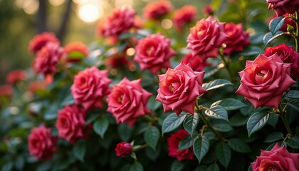 Blooming red roses in a garden during golden hour with soft sunlight