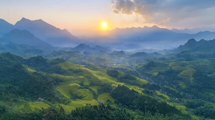 Naklejka premium Sunrise over terraced rice paddies, Vietnam