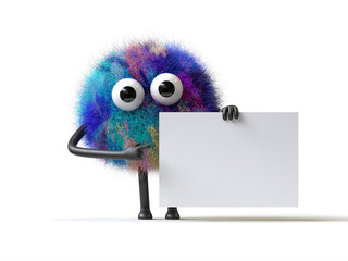 Fluffy, cute monster holds a blank sign, symbolizes information and advertising display. 3D rendering, conceptual image. Isolated on white background.