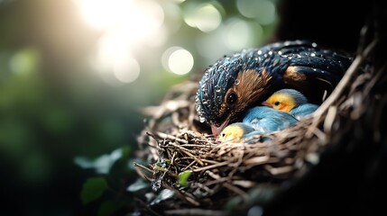 Fototapeta premium A mother bird nurturing her chicks in a cozy nest surrounded by lush greenery and soft sunlight