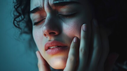 Swollen cheek caused by toothache in a young woman expressing discomfort at home