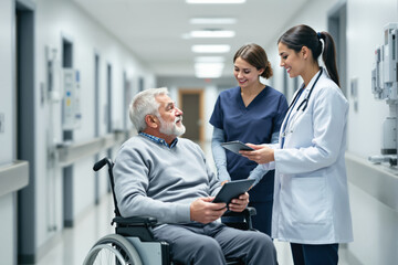 Obraz premium Medical professionals assisting an elderly man in a wheelchair in a hospital hallway.