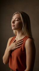 Fototapeta premium Serene Reflection: Portrait of a Woman in Quiet Contemplation, Beauty, Mindfulness, Portrait, Peace, Spirituality