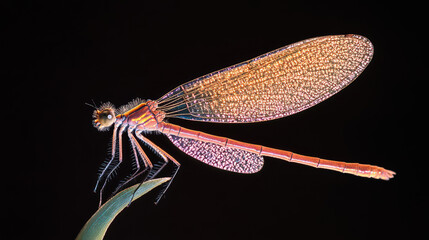 a delicate damselfly with translucent wings perched on a leaf.