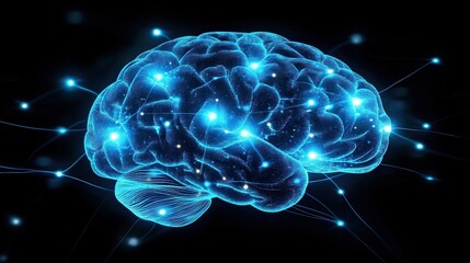A surreal interpretation of brain activity, with neurons emitting radiant blue light against a dark backdrop, symbolizing mental clarity, thought processes, and the power of the human mind in motion.
