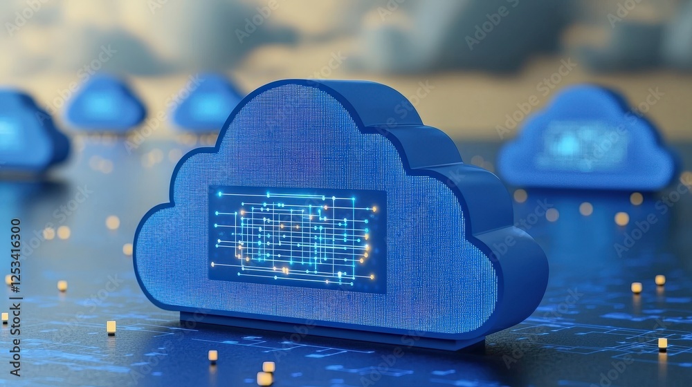 Poster digital landscape showcasing cloud technology with abstract binary data and futuristic design elemen