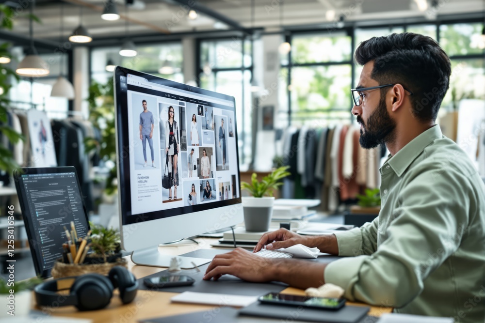 Aufkleber man working on fashion website design in modern office with clothing racks in background.