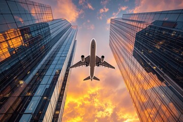 Airplane flying between skyscrapers at sunset sky background.
