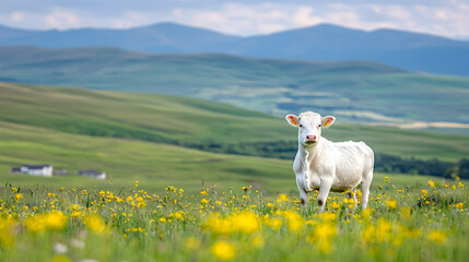 White cow in meadow, mountain background, rural landscape, farm scene, nature photography