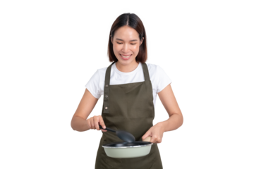 A portrait of young female wear white t-shirt and cover with green apron are cooking