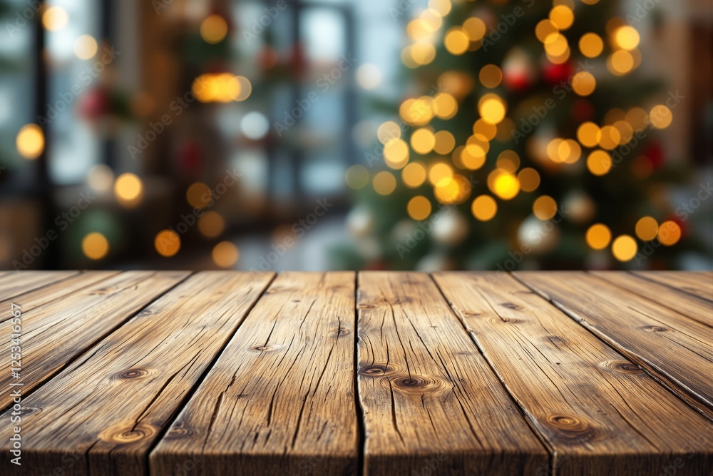 Poster wooden table with blurred christmas tree and warm bokeh lights in background.