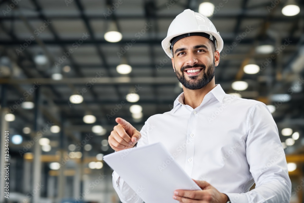 Aufkleber smiling architect or engineer in white shirt and helmet holding documents in industrial setting, poi