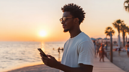 a young man looking at his phone while standing on the beach at sunset. 