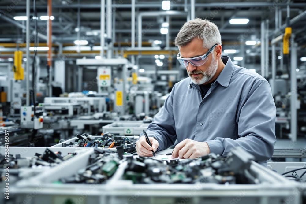 Poster technician analyzing components in a factory setting, focused on quality control under industrial li
