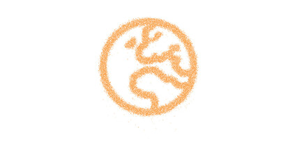 Icon globe europe is made of yellow grains of sand. Some grains of sand fall down. Transparent background. Black