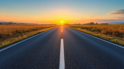 Fototapeta premium Sunrise road trip, countryside asphalt highway, summer dawn