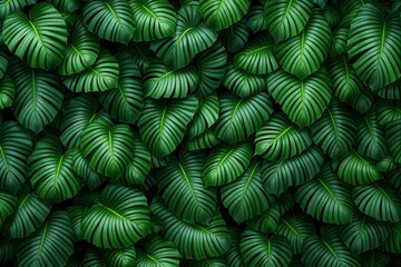 Fototapeta premium Dense pattern of lush green tropical leaves with intricate vein details.