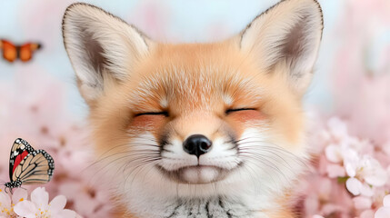 Happy fox cub amidst pink blossoms, butterflies nearby.  Perfect for spring greeting cards