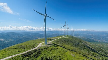 Wind turbines on a green hillside under a clear blue sky, showcasing renewable energy and sustainable technology.