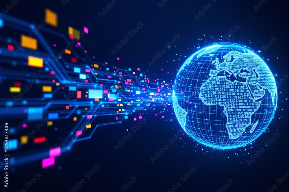 Aufkleber Digital globe with binary code and glowing data streams on dark blue background.