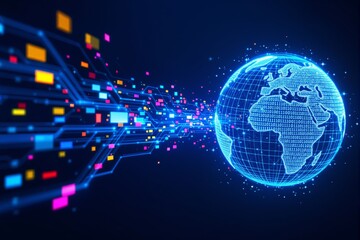 Digital globe with binary code and glowing data streams on dark blue background.