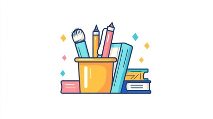 Fototapeta premium Colorful stationery collection, books and pens, office supplies, decorative