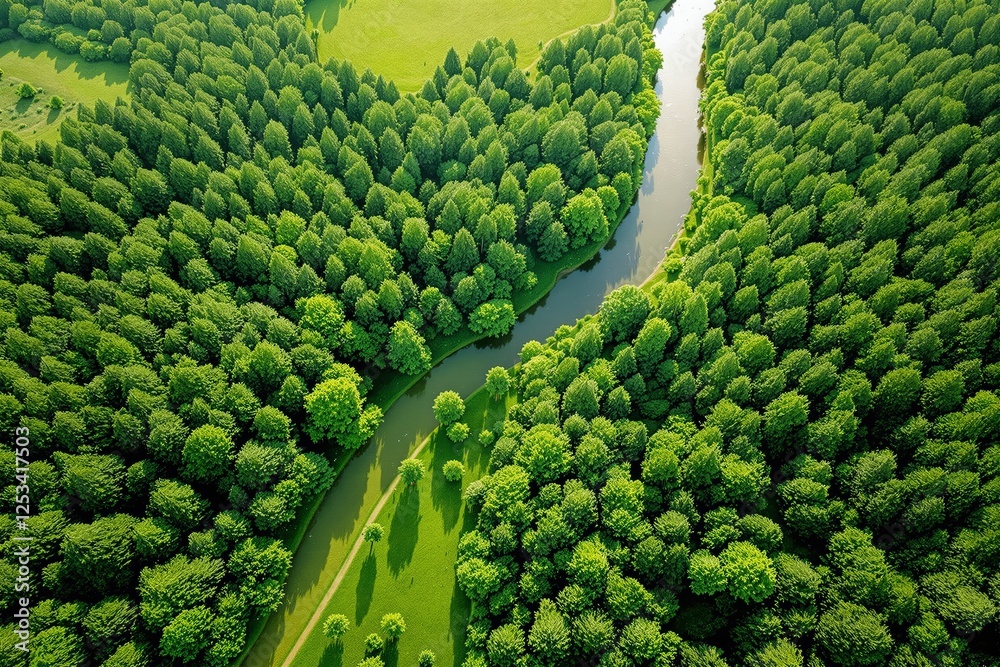 Aufkleber aerial view of lush green forest with a winding river creating a serene and vibrant natural landscap