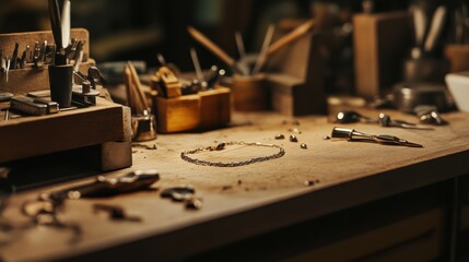 A jewelry designer crafting a necklace in a stylish workshop, with gemstones and tools on a workbench, Jewelry design scene