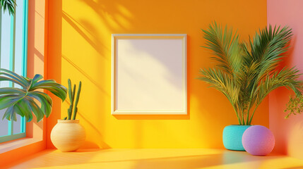 Bright Yellow Room Interior Mockup Blank Frame Tropical Plants Summer pot pink home palm decor style