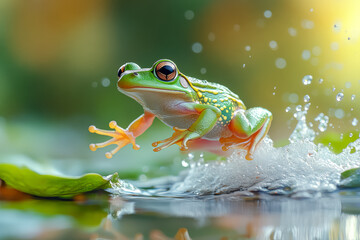 Frog is jumping into the water. The frog is green and has orange feet. The water is splashing and the frog is in the middle of it