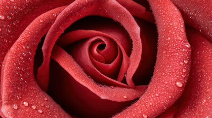 close up of red rose with water droplets.