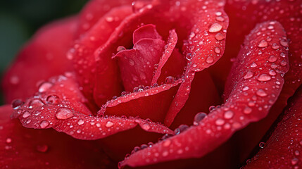 close-up of a vibrant red rose with water droplets.