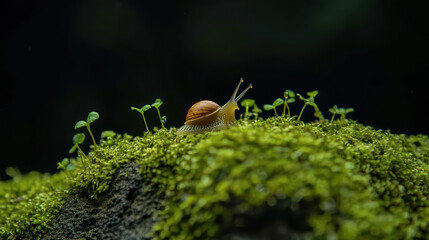 a snail crawls on moss in a forest. 