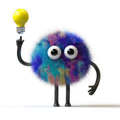 Fluffy, cute monster with a lightbulb, symbolizing ideas and innovation. 3D rendering, conceptual image. Isolated on white background.