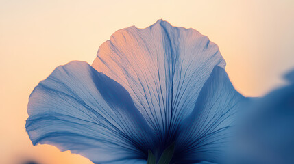 Close-up of a delicate blue flower petal at sunset.