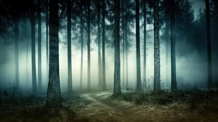 Obraz premium Forest background picture showing A dense forest at night, with tall trees and eerie shadows in the background