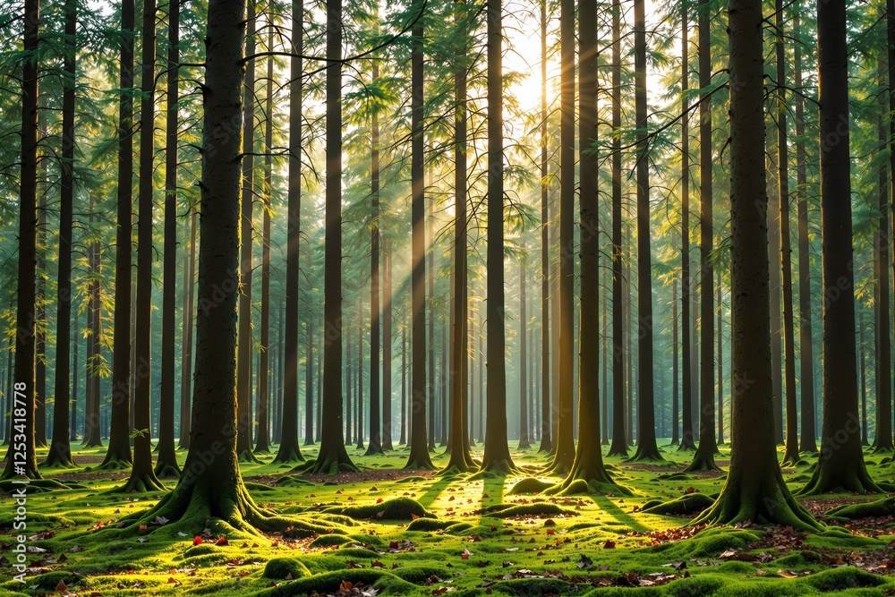 Poster sunlight filtering through tall forest trees with green mossy ground.