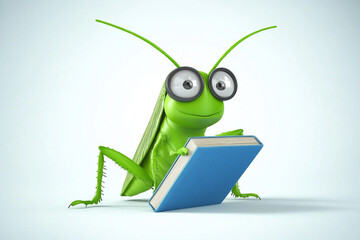 A cartoon grasshopper with large glasses holding a blue book, set against a plain background.