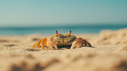 a crab on the beach, looking straight at the camera.