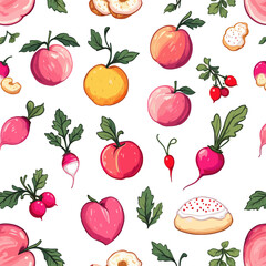 A variety of fruits and vegetables, including apples, peaches, radishes, and a pastry, arranged in a repeating design on a white background. Vector patterns, random pattern