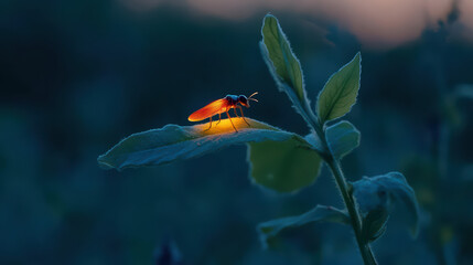 glowing firefly on a leaf at night.