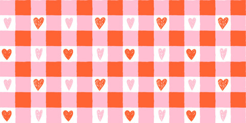 Hand drawn vector plaid, gingham seamless pattern with red and pink doodle hearts, Grunge tartan, check irregular geometric background for Valentine's Day