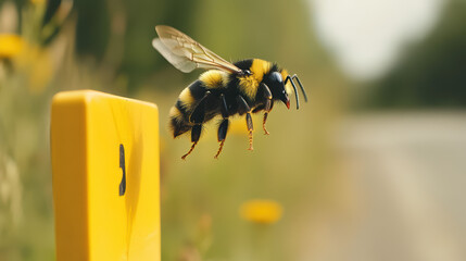 bumblebee in flight near yellow marker.
