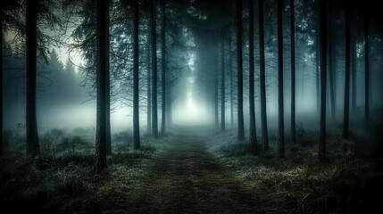 Naklejka premium Forest background picture showing A dense forest at night, with tall trees and eerie shadows in the background