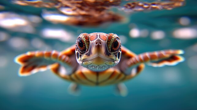 Baby sea turtle swimming underwater, ocean background, wildlife conservation