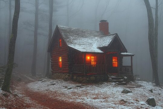 Snowy Wooden Cabin In Foggy Forest At Night