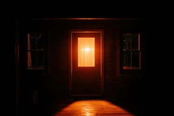 Night cabin porch with lit door