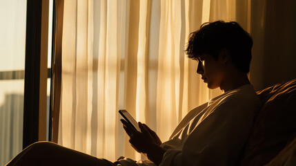 a young man sitting by a window looking at his phone with the sun shining through the curtains.