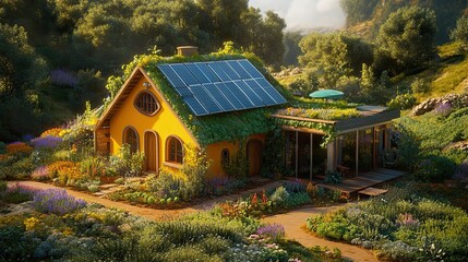 An eco-friendly home surrounded by a lush garden, featuring rainwater harvesting and solar panels on the roof