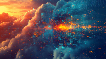 A vibrant digital landscape emerges from the clouds, featuring a blend of bright orange and blue hues, reminiscent of data streams and energetic light against a sunset backdrop.